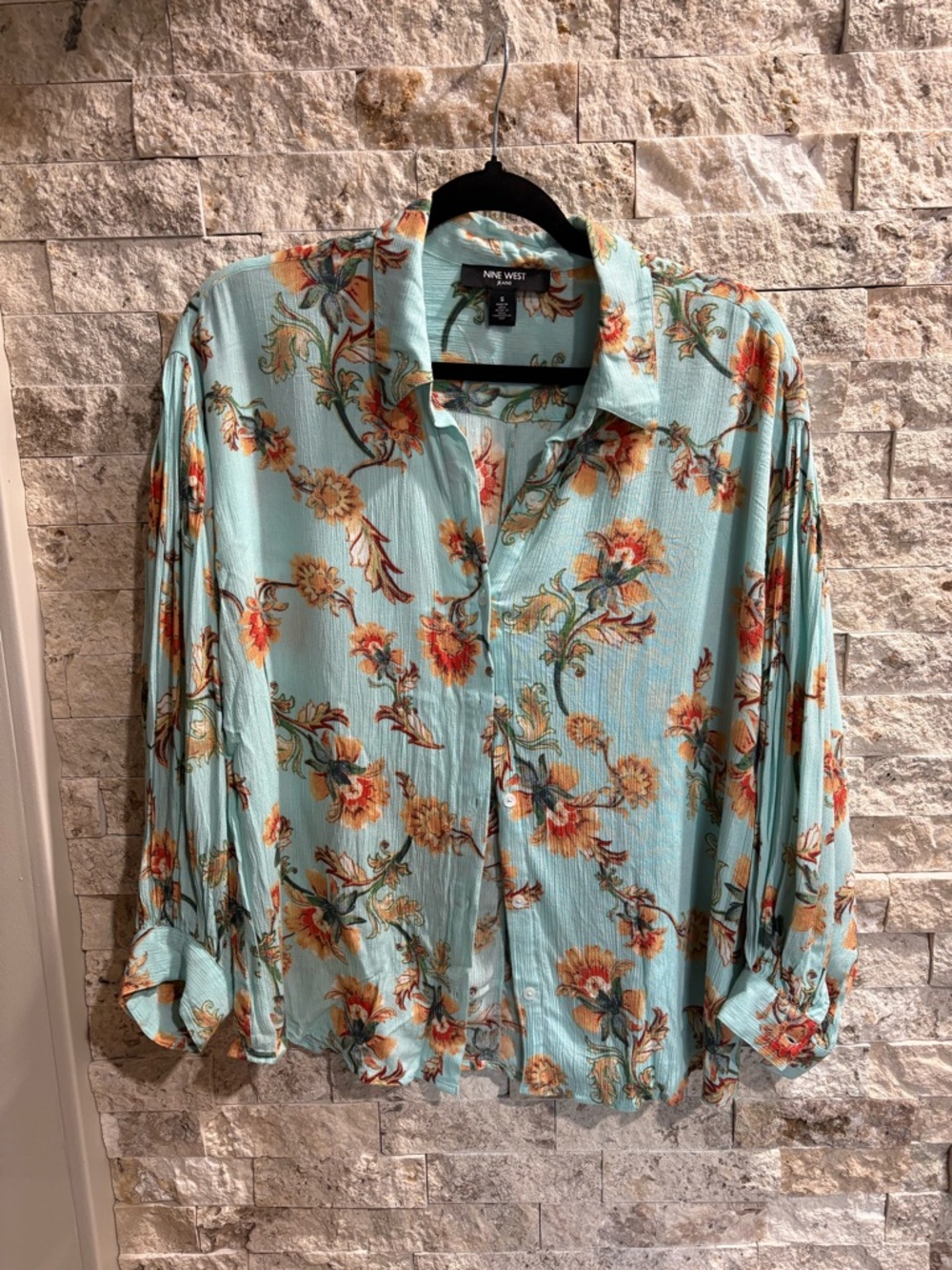 Nine West Aqua Floral a long sleeve Button-Up Blouse‎ with Orange Accents size S